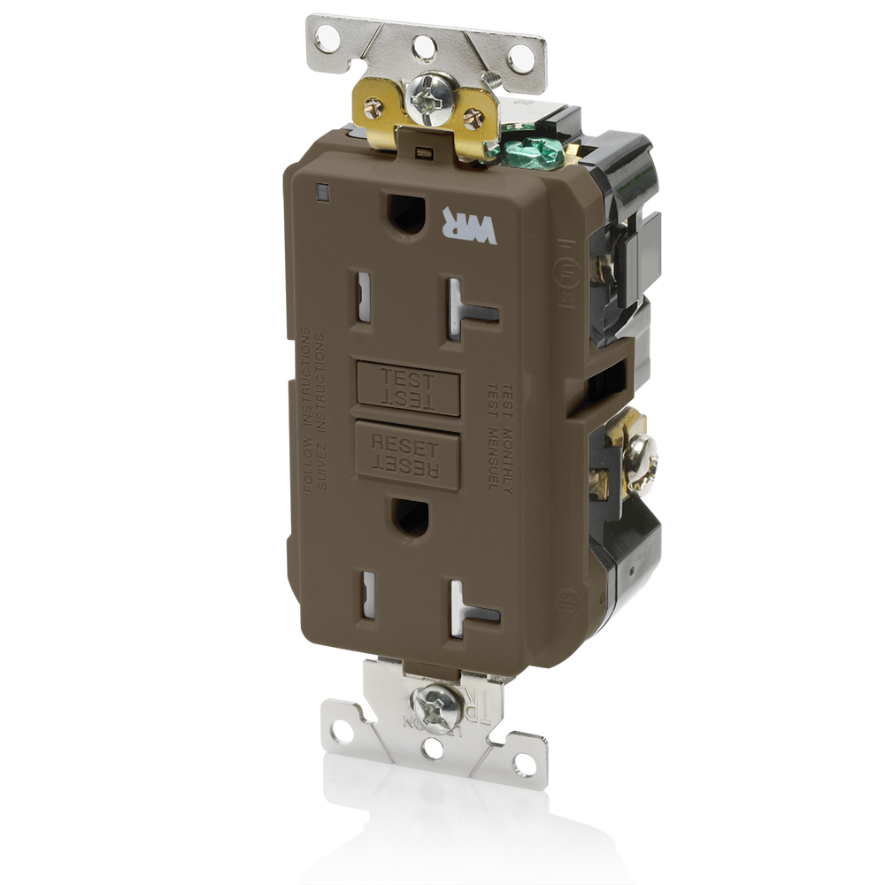 20 Amp, 125 Volt, SmartlockPro Self-Test GFCI Duplex Receptacle , NEMA 5-20R, 2P, 3W, Extra-Heavy Duty Industrial Grade, Weather & Tamper-Resistant, 20A Feed-Through, Back or Side Wired - BROWN