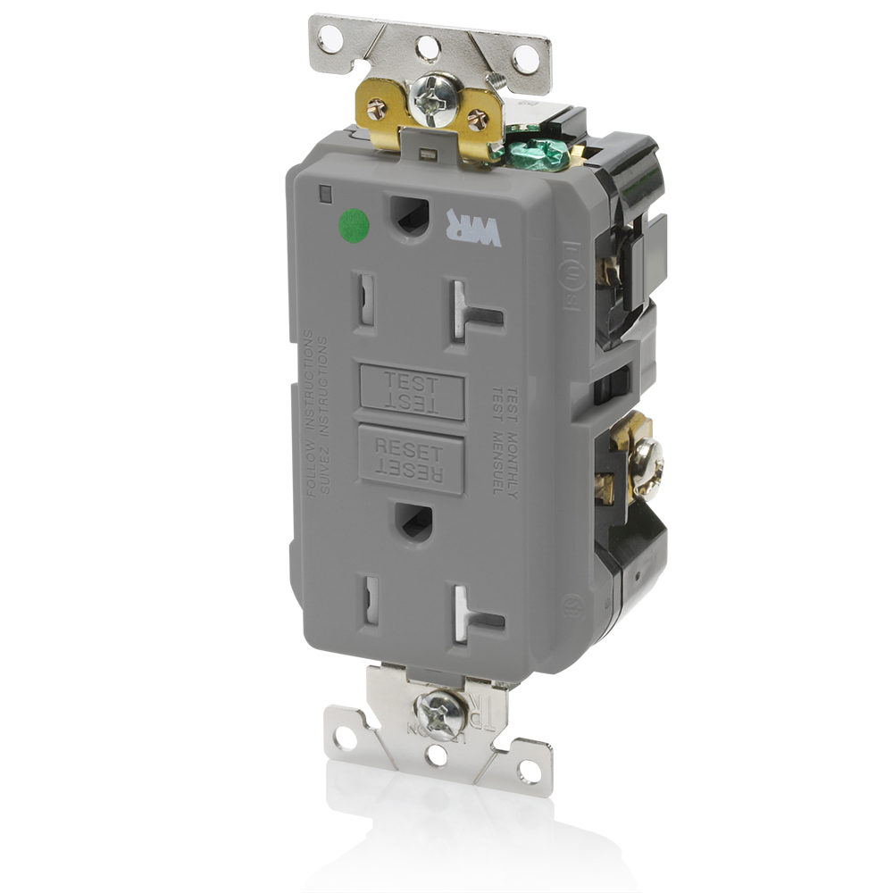 20 Amp, 125 Volt, SmartlockPro Self-Test GFCI Duplex Receptacle , NEMA 5-20R, 2P, 3W, Extra-Heavy Duty Hospital Grade, Weather & Tamper-Resistant, 20A Feed-Through, Back or Side Wired - GRAY