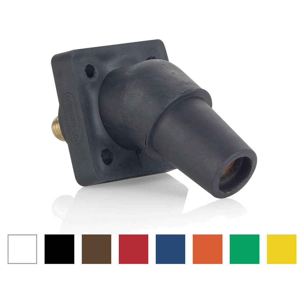 16 Series Single Pole Cam Type Female Panel Connector, 45-degree, Taper Nose, Threaded Stud, 600 Volts Rated Up To 400 Amperes Continuous. Cable Range - #2 - 4/0 - Green