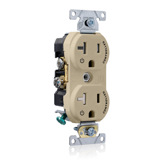 Tamper Resistant Duplex Receptacle, 2-Pole 3-Wire, NEMA 5-20R, 20A-125V, Ivory, Back And Side Wired, Self Grounding, Triple-combination-head Screws, Commercial Spec Grade - 2 Plug Controlled Markings Universal Marking Orientation