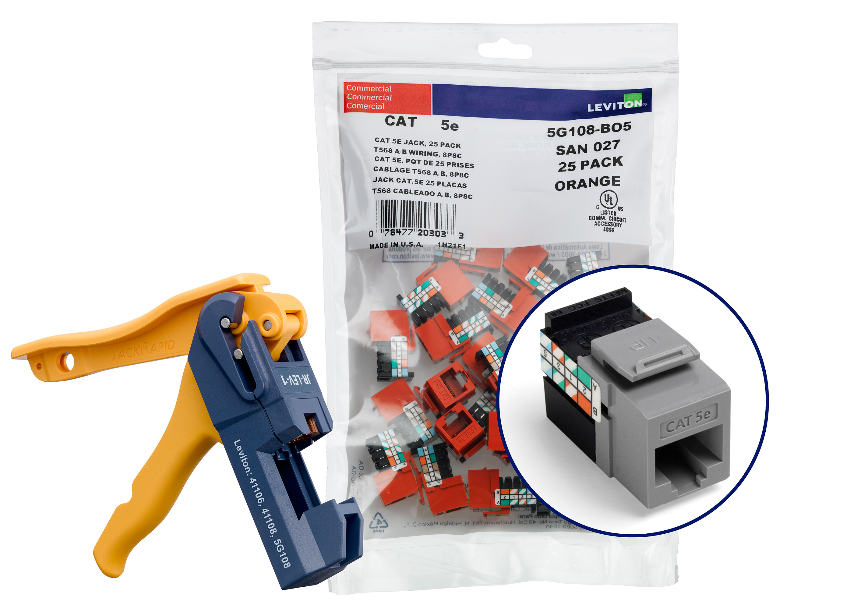 Cat 5e (5g108) Connectors Kitted With Jack Rapid Tool, 1 Fg = 6 Quickpacks (25 Connectors Per Quickpack), Total Of 150 Connectors, Plus 1 Jack Rapid Tool-Gray