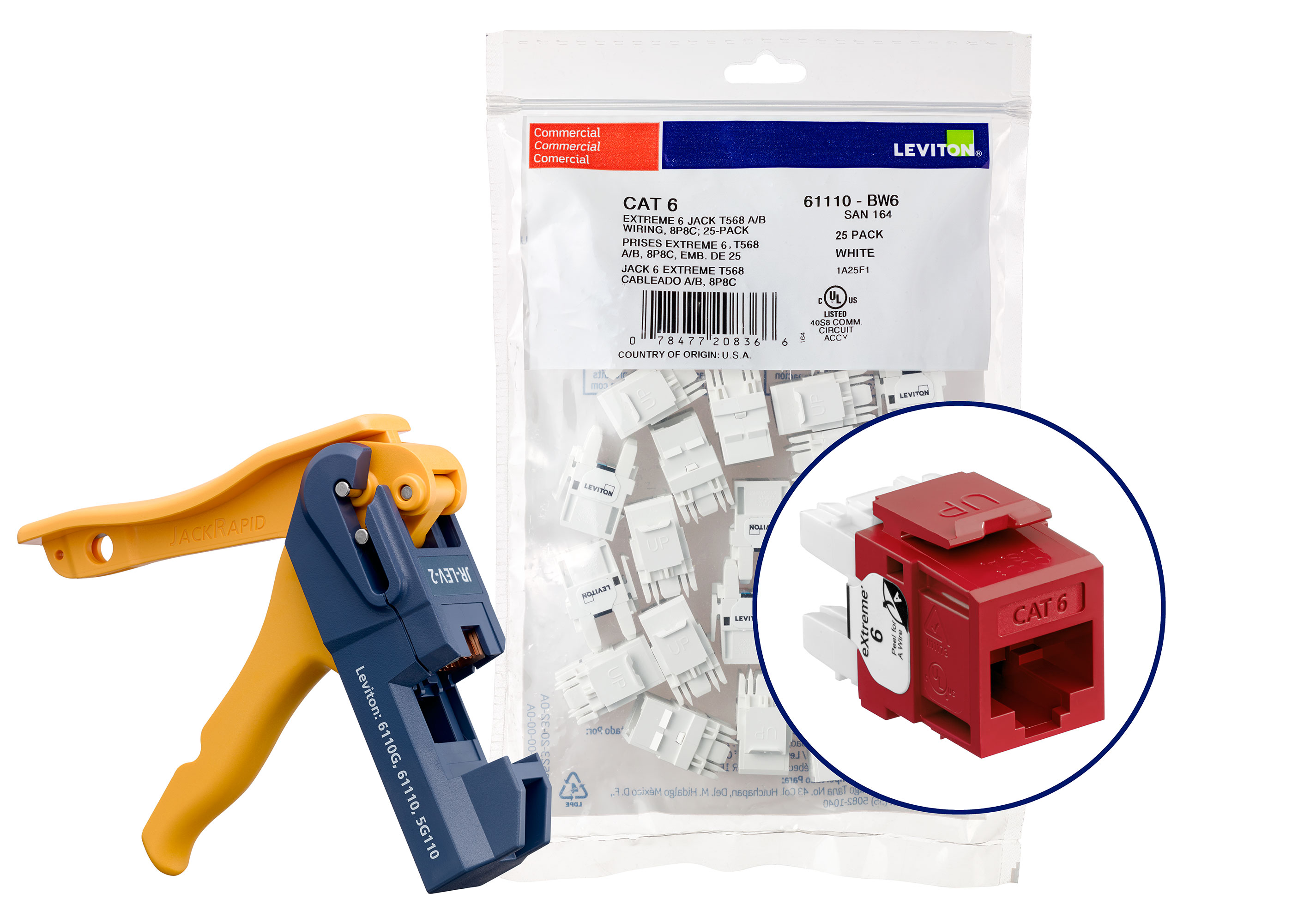 Cat 6 (61110) Connectors Kitted With Jack Rapid Tool, 1 Fg = 6 Quickpacks (25 Connectors Per Quickpack),Total Of 150 Connectors, Plus 1 Jack Rapid Tool-Red
