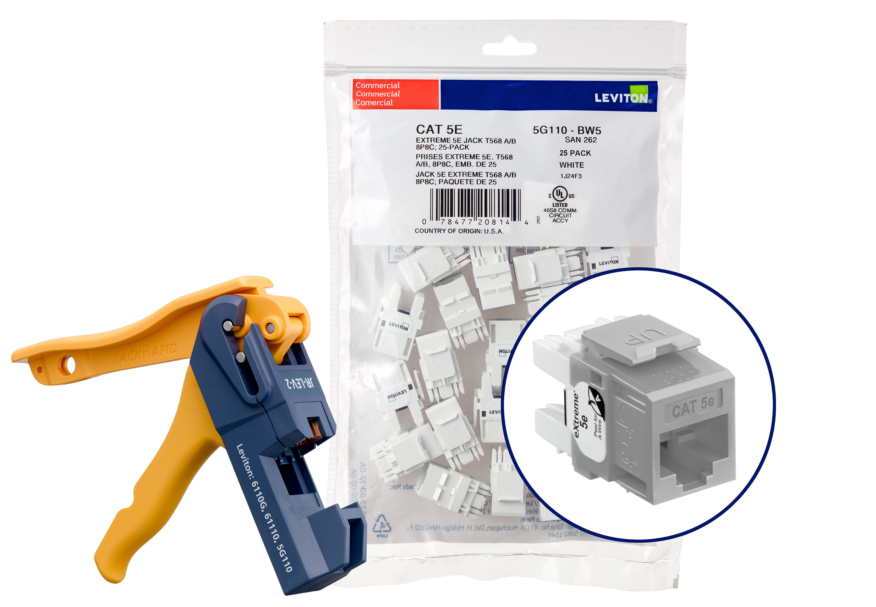 Cat 5e+ (5g110) Connectors Kitted With Jack Rapid Tool, 1 Fg = 6 Quickpacks (25 Connectors Per Quickpack), Total Of 150 Connectors, Plus 1 Jack Rapid Tool-Grey
