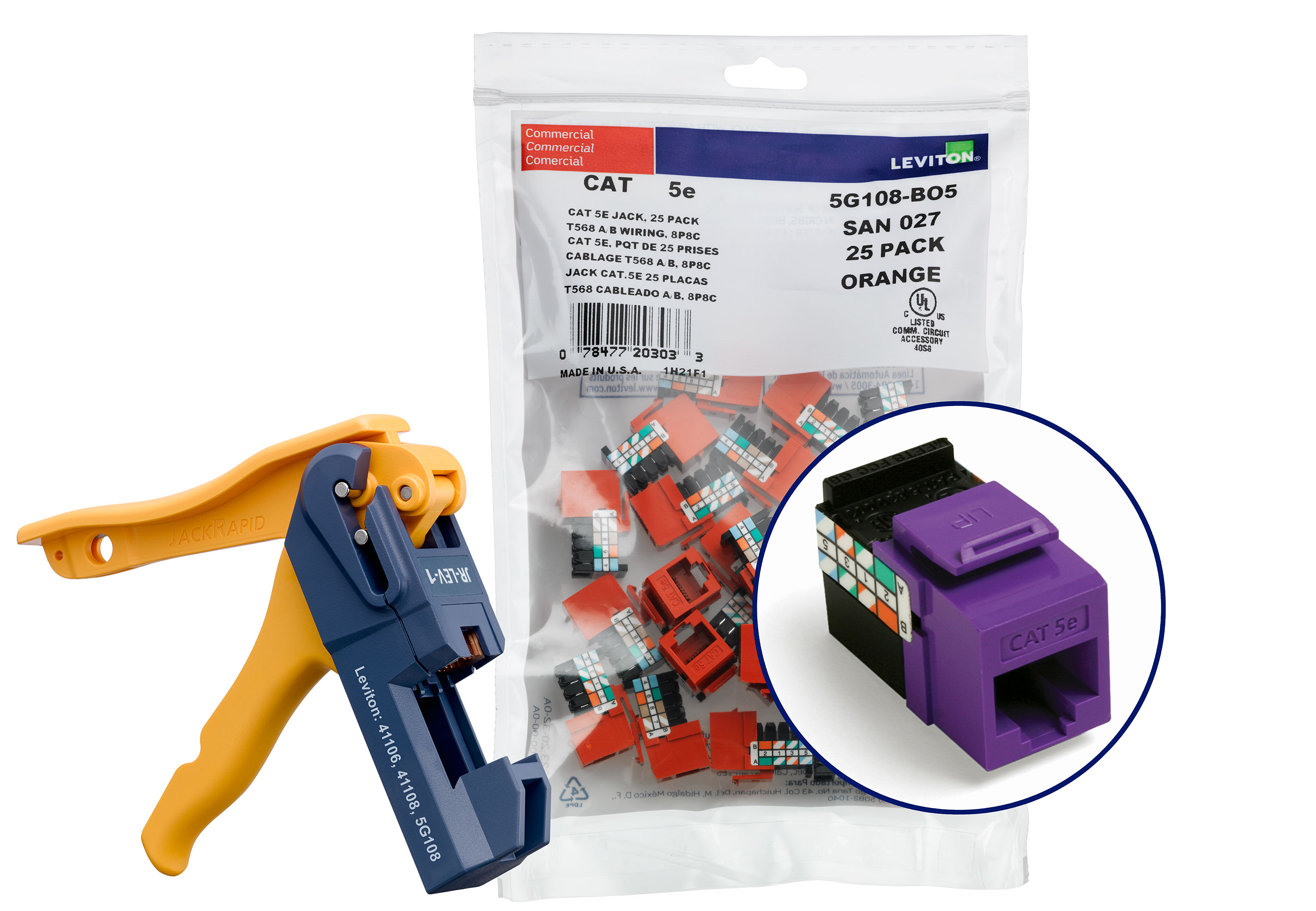 Cat 5e (5g108) Connectors Kitted With Jack Rapid Tool, 1 Fg = 6 Quickpacks (25 Connectors Per Quickpack), Total Of 150 Connectors, Plus 1 Jack Rapid Tool-Purple