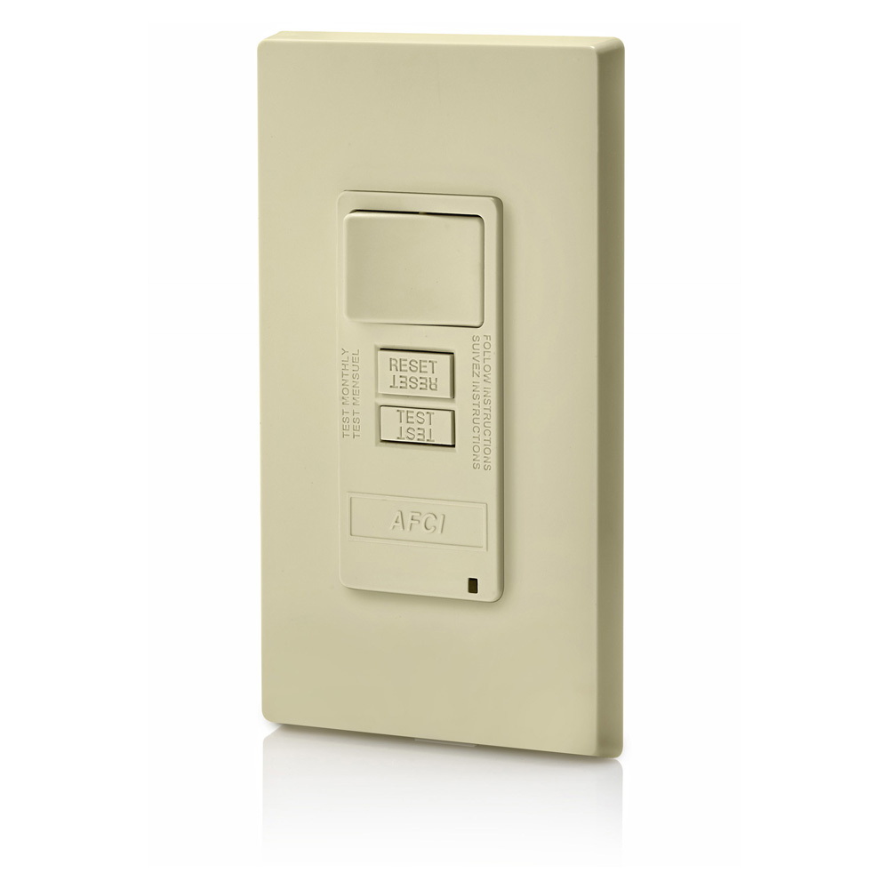 15 Amp Switch. 20 Amp Feed-through. 125 Volt Obc Afci With Switch. Monochromatic. Back And Side Wired. Nylon Wallplate Included. Self-grounding Clip Included – Ivory