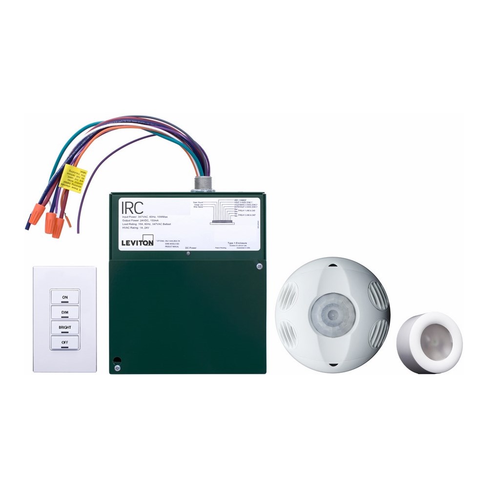 IRC Dimming Room Control Kit. Includes Low Voltage devices. 2 Zone Room Controller w/(2) 0-10V outputs and (2) 347V relays. M/T Occupancy Sensor (OSC10-M0W). 4 Button Switch (RLVSW-4LW). Photocell (ODC0P-00W). 347VAC Canadian model. 50/60Hz.