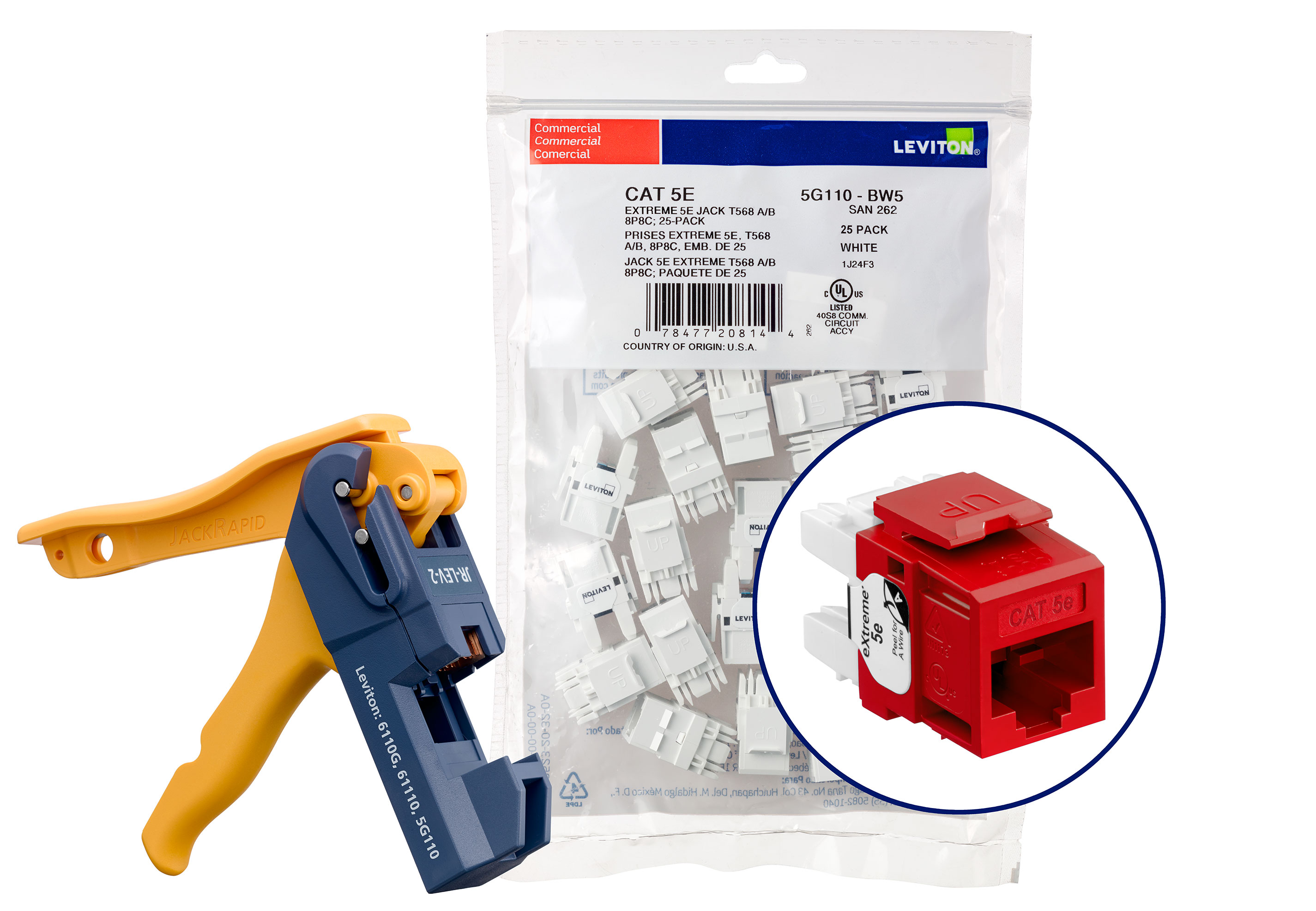 Cat 5e+ (5g110) Connectors Kitted With Jack RapidTool,1 Fg = 6 Quickpacks (25 Connectors Per Quickpack), Total Of 150 Connectors, Plus 1 Jack Rapid Tool-Crimson