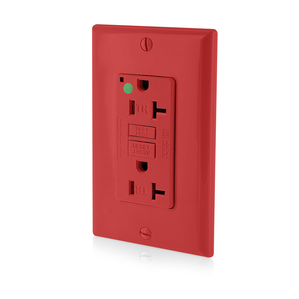 20 Amp, 125 Volt, SmartlockPro Slim Self-Test GFCI Receptacle, NAFTA Compliant,  FED-SPEC, Hospital Grade, Tamper-Resistant, NEMA 5-20R, 20A Feed-Through, 2P, 3W, Matching Wallplate Included - Red