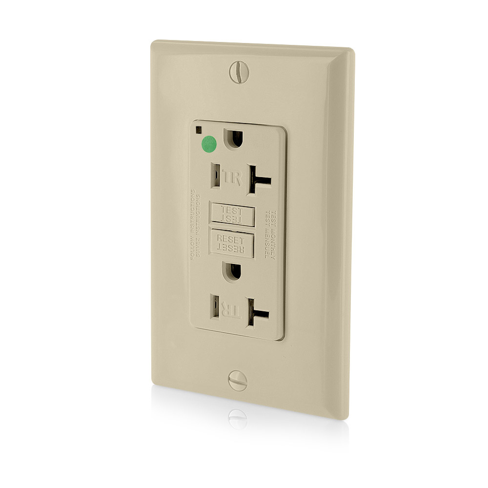 20 Amp, 125 Volt, SmartlockPro Slim Self-Test GFCI Receptacle, NAFTA Compliant,  FED-SPEC, Hospital Grade, Tamper-Resistant, NEMA 5-20R, 20A Feed-Through, 2P, 3W, Matching Wallplate Included - Ivory
