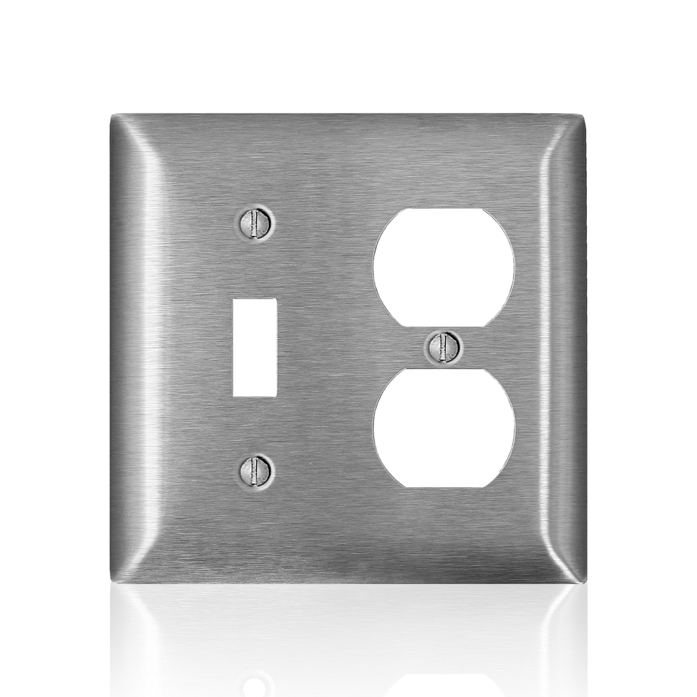 2-Gang C-Series 1 Toggle Switch, 1 Duplex Receptacle Wallplate, Standard Size, 302/304 Stainless Steel