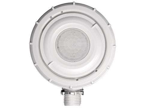 Fixture Mount PIR High Bay Wet Location External Occupancy Sensor, 7.5” wire lead length, interchangeable adjustable 360° low-bay (8’-20’), and high-bay (20’-40’) lenses, blue, aisle mask