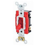 20-Amp, 277 Volt, Toggle Pilot Light, Illuminated On, Req, Neutral 3-Way AC Quiet Switch, Extra Heavy Duty Grade, Self Grounding, Back and Side Wired, Red