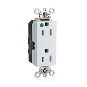 15 Amp, 125 Volt, NEMA 5-15R, 2-Pole, 3-Wire, Modular Duplex Tamper-Resistant Receptacle, Decora® Illuminated Face, Straight Blade, Hospital Grade, Isolated Ground, Modular Terminals, Steel Strap, Lev-Lok - WHITE