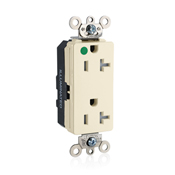 20 Amp, 125 Volt, NEMA 5-20R, 2-Pole, 3-Wire, Modular Duplex Tamper-Resistant Receptacle, Decora® Illuminated Face, Straight Blade, Hospital Grade, Isolated Ground, Modular Terminals, Steel Strap, Lev-Lok - IVORY