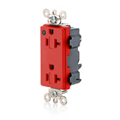 20 Amp, 125 Volt, Lev-Lok Modular, Decora Plus Duplex Receptacle, Straight Blade, Extra Heavy Duty Hospital Grade, Power Indication, Red
