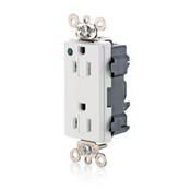 20 Amp 125 Volt NEMA 5-20R 2P 3W Lev-Lok® Duplex Receptacle Decora Plus Straight Blade Extra Heavy Duty Hospital Grade Power Indication Self-Grounding Nickel Plated Brass Strap – WHITE