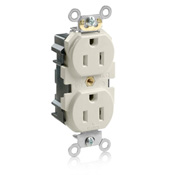 15 Amp, 125 Volt, Narrow Body Duplex Receptacle, Straight Blade, Fed Commercial Grade, Lev-Lok, Self Grounding, Light Almond