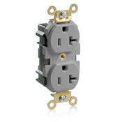 20 Amp, 125 Volt, Wide Body Duplex Receptacle, Industrial Grade, Straight Blade, Self Grounding, Gray
