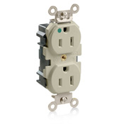 15 Amp, 125 Volt, Wide Body Duplex Receptacle, Straight Blade, Hospital Grade, Self Grounding, Tamper-Resistant, Lev-Lok, Ivory