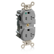 20 Amp, 125 Volt, Wide Body Duplex Receptacle, Straight Blade, Hospital Grade, Self Grounding, Tamper-Resistant, Lev-Lok, Gray