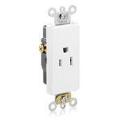 15 Amp, 125 Volt, NEMA 5-15R, 2P, 3W, Decora Plus Single Receptacle, Straight Blade, Commercial Grade, Self-Grounding, , , Side Wired, Steel Strap, - WHITE