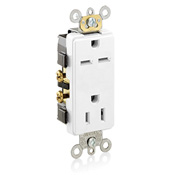 15 Amp, 125/250 Volt, Decora Plus Duplex Receptacle, Straight Blade, Commercial Grade, Self Grounding, Dual Voltage, White