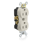 15A 125V  NEMA 5-15R 2P 3W Tamper-Resistant. Narrow Body Duplex Receptacle. Straight Blade. Commercial Grade. Self Grounding. Side Wired. Steel Strap - Light Almond