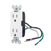 15 Amp, 125 Volt, NEMA 5-15R, 2P, 3W, Decora Plus Duplex Receptacle, Straight Blade, Commercial Grade, Self Grounding, with leads, Steel Strap, - White