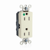 15 Amp, 125 Volt, NEMA 5-15R, 2-Pole, 3-Wire, Modular Duplex Tamper-Resistant Receptacle, Decora® Illuminated Face, Straight Blade, Hospital Grade, Isolated Ground, Modular Terminals, Steel Strap, Lev-Lok - LIGHT ALMOND