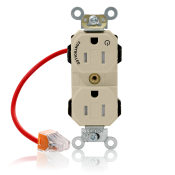 15 Amp, 125 Volt, NEMA 5-15R, 2P, 3W, Lev-Lok® Duplex Receptacle, One Marked Controlled Outlet, Straight Blade, Fed Spec, Heavy Duty Industrial Specification Grade, Self-Grounding, Tamper-Resistant, Modular Terminals, Steel Strap - IVORY