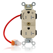 20 Amp, 125 Volt, NEMA 5-20R, 2P, 3W, Lev-Lok® Duplex Receptacle, One Marked Controlled Outlet, Straight Blade, Fed Spec, Heavy Duty Industrial Specification Grade, Self-Grounding, Tamper-Resistant, Modular Terminals, Steel Strap - IVORY