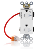 20 Amp, 125 Volt, NEMA 5-20R, 2P, 3W, Lev-Lok® Duplex Receptacle, Tamper-Resistant, Decora Plus™, One Marked Controlled Outlet, Straight Blade, Heavy Duty Industrial Specification Grade, Self-Grounding, WHITE