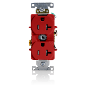 20 Amp, 125 Volt, NEMA 5-20R, 2P, 3W, Duplex Receptacle, Tamper-Resistant, Straight Blade, Fed Spec, Heavy Duty Industrial Specification Grade, Self-Grounding, Back & Side Wired, Steel Strap – RED