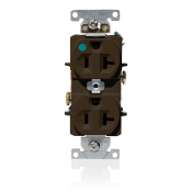 20 Amp, 125 Volt, NEMA 5-20R, 2P, 3W, Duplex Receptacle, Indented Face, Straight Blade, Fed Spec, Heavy Duty Hospital Grade, Self-Grounding, Back & Side Wired, Steel Strap – BROWN