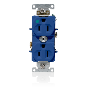15 Amp, 125 Volt, NEMA 5-15R, 2P, 3W,Duplex Receptacle, Indented Face, Straight Blade, Fed Spec, Heavy Duty Hospital Grade, Self-Grounding, Back & Side Wired, Steel Strap – BLUE