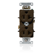 20 Amp, 125 Volt, NEMA 5-20R, 2P, 3W, Duplex Receptacle, Indented Face, Straight Blade, Fed Spec, Heavy Duty Industrial Specification Grade, Self-Grounding, Back & Side Wired, Steel Strap – BROWN