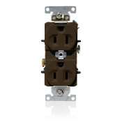 15 Amp, 125 Volt, NEMA 5-15R, 2P, 3W, Duplex Receptacle, Indented Face, Straight Blade, Fed Spec, Heavy Duty Industrial Specification Grade, Self-Grounding, Back & Side Wired, Steel Strap – BROWN