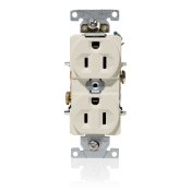 15 Amp, 125 Volt, NEMA 5-15R, 2P, 3W, Duplex Receptacle, Indented Face, Straight Blade, Fed Spec, Heavy Duty Industrial Specification Grade, Self-Grounding, Back & Side Wired, Steel Strap – LIGHT ALMOND