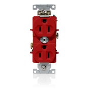 15 Amp, 125 Volt, NEMA 5-15R, 2P, 3W, Duplex Receptacle, Indented Face, Straight Blade, Fed Spec, Heavy Duty Industrial Specification Grade, Self-Grounding, Back & Side Wired, Steel Strap – RED