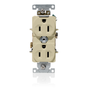 15 Amp, 125 Volt, NEMA 5-15R, 2P, 3W, Duplex Receptacle, Indented Face, Straight Blade, Fed Spec, Heavy Duty Industrial Specification Grade, Self-Grounding, Back & Side Wired, Steel Strap – IVORY