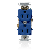 15 Amp, 125 Volt, NEMA 5-15R, 2P, 3W, Duplex Receptacle, Indented Face, Straight Blade, Fed Spec, Heavy Duty Industrial Specification Grade, Self-Grounding, Back & Side Wired, Steel Strap – BLUE