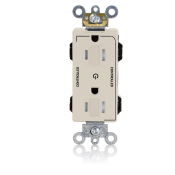 15 Amp, 125 Volt, NEMA 5-15R, 2P, 3W, Lev-Lok® Duplex Receptacle, Decora Plus™, Two Marked Controlled Outlets, Tamper-Resistant, Straight Blade, Heavy Duty Industrial Specification Grade, Self-Grounding, LIGHT
