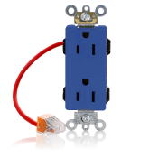 15 Amp, 125 Volt, NEMA 5-15R, 2P, 3W, Lev-Lok® Duplex Receptacle, Decora Plus™, Straight Blade, Fed Spec, Heavy Duty Industrial Specification Grade, Self-Grounding, Modular Terminals, Steel Strap - BLUE
