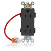 15 Amp, 125 Volt, NEMA 5-15R, 2P, 3W, Lev-Lok® Duplex Receptacle, Decora Plus™, Straight Blade, Fed Spec, Heavy Duty Industrial Specification Grade, Self-Grounding, Modular Terminals, Steel Strap - BLACK