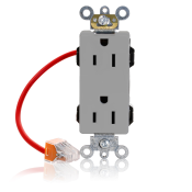 15 Amp, 125 Volt, NEMA 5-15R, 2P, 3W, Lev-Lok® Duplex Receptacle, Decora Plus™, Straight Blade, Fed Spec, Heavy Duty Industrial Specification Grade, Self-Grounding, Modular Terminals, Steel Strap - GRAY