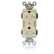 20 Amp, 125 Volt, NEMA 5-20R, 2P, 3W, Lev-Lok® Duplex Receptacle, Decora Plus™, Two Marked Controlled Outlets, Tamper-Resistant, Straight Blade, Heavy Duty Industrial Specification Grade, Self-Grounding, IVORY