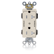 20 Amp, 125 Volt, NEMA 5-20R, 2P, 3W, Lev-Lok® Duplex Receptacle, Decora Plus™, Two Marked Controlled Outlets, Tamper-Resistant, Straight Blade, Heavy Duty Industrial Specification Grade, Self-Grounding, LIGHT