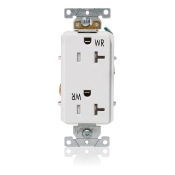 20 Amp, 125 Volt, NEMA 5-20R, 2P, 3W, Decora Plus™ Duplex Receptacle, Straight Blade, Fed Spec, Heavy Duty Industrial Specification Grade, Weather-Resistant, Tamper-Resistant, Self-Grounding, Back & Side Wired, Steel Strap – WHITE