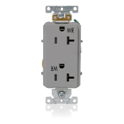 20 Amp, 125 Volt, NEMA 5-20R, 2P, 3W, Decora Plus™ Duplex Receptacle, Straight Blade, Fed Spec, Heavy Duty Industrial Specification Grade, Weather-Resistant, Self-Grounding, Back & Side Wired, Steel Strap – GRAY