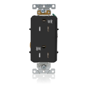 15 Amp, 125 Volt, NEMA 5-15R, 2P, 3W, Decora Plus™ Duplex Receptacle, Straight Blade, Fed Spec, Heavy Duty Industrial Specification Grade, Weather-Resistant, Tamper-Resistant, Self-Grounding, Back & Side Wired, Steel Strap – BLACK